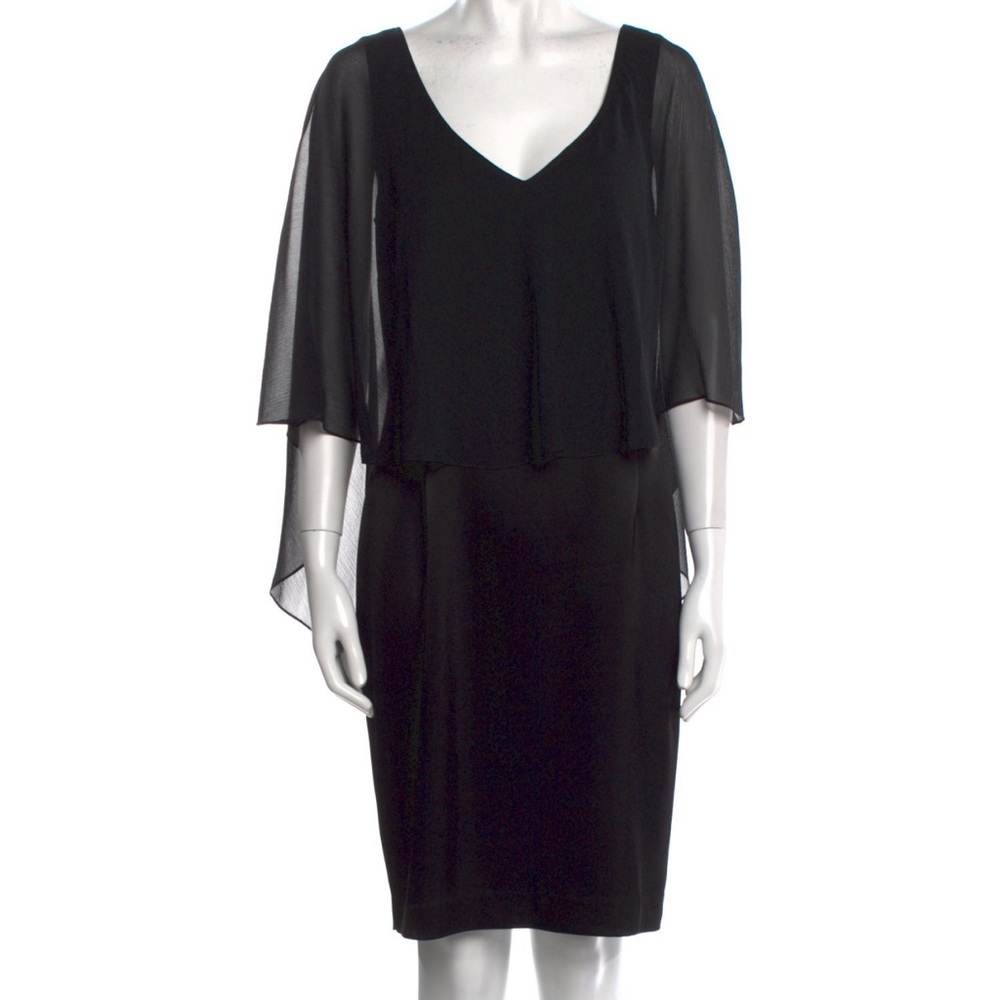 St. John Black Tiered Sheath Dress with Flutter Sleeves